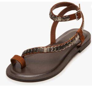Maiyang Brown Studded Strappy Toe Ring Flat Sandals Soft Insole Ankle Strap Shoe